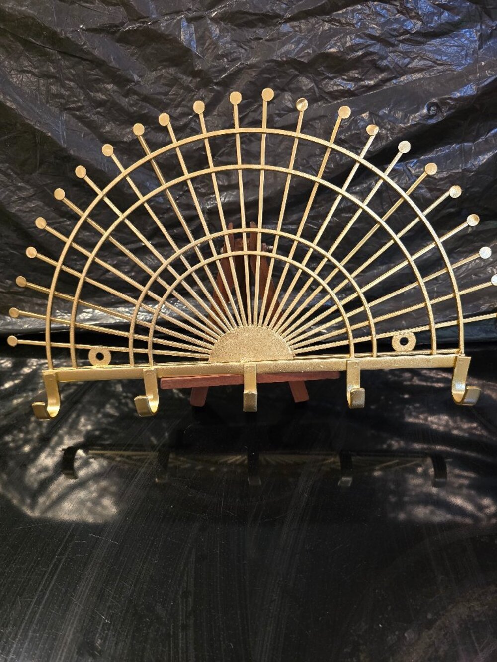 Gold Metal Fan Wall Decor 5 Hooks Sunburst 15" length x 9" height